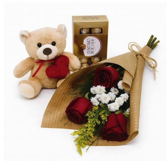 Buquê Com 3 Rosas Vermelhas, Urso De Pelúcia E Ferrero Rocher